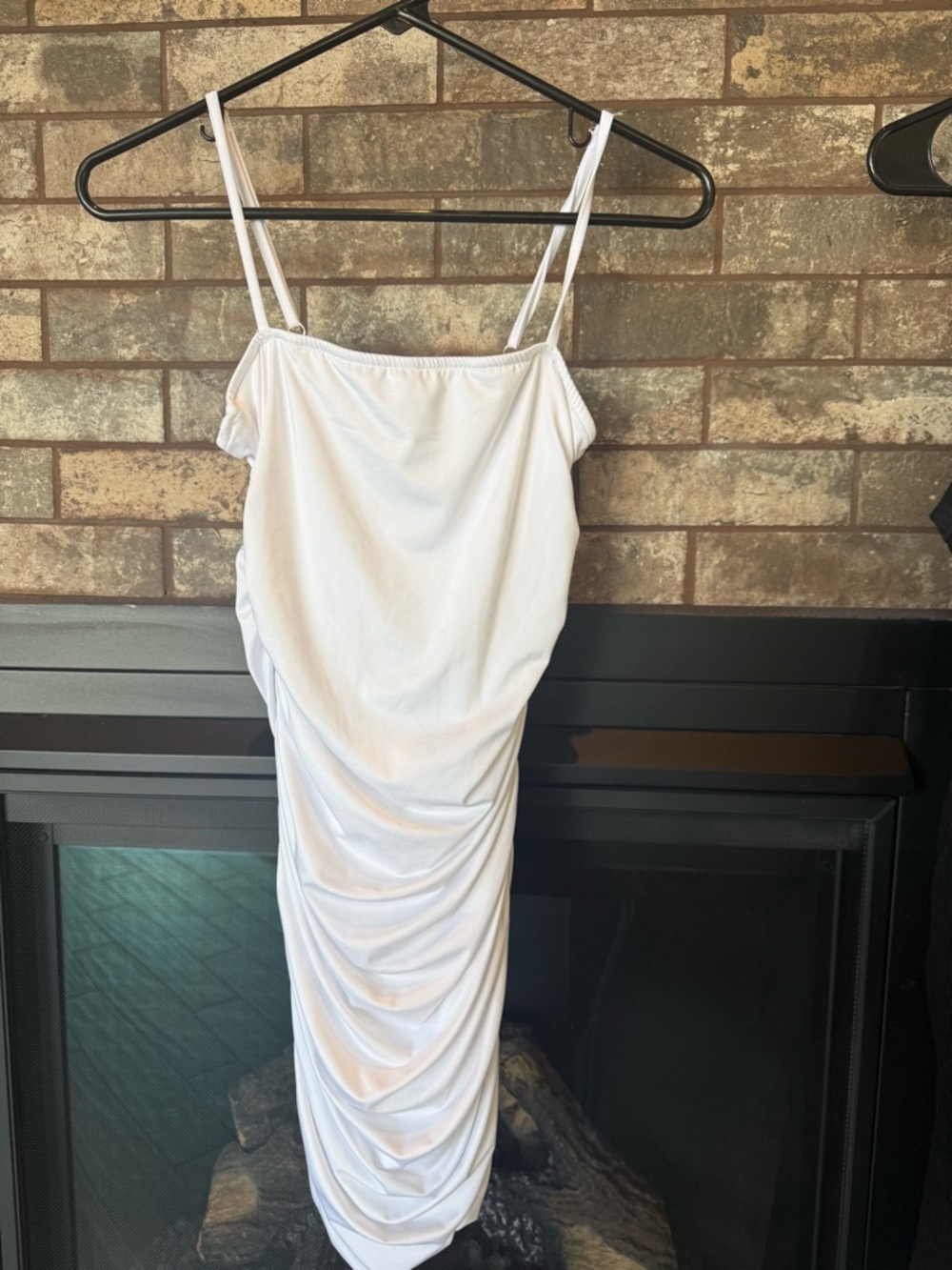 Spaghetti-Strap White Ruched Midi Dress